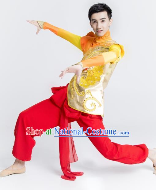 Chinese Traditional Drum Dance Stage Performance Golden Costume Folk Dance Clothing for Men