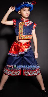 Chinese Yi Nationality Stage Performance Costume Traditional Ethnic Minority Navy Clothing for Kids