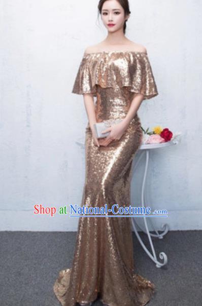 Top Grade Compere Stage Performance Golden Full Dress Modern Dance Costume for Women