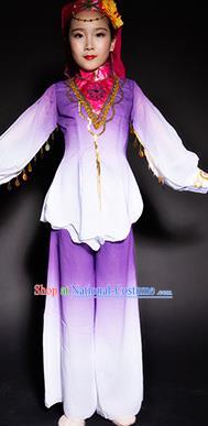 Chinese Salar Nationality Stage Performance Costume Traditional Ethnic Minority Purple Clothing for Kids