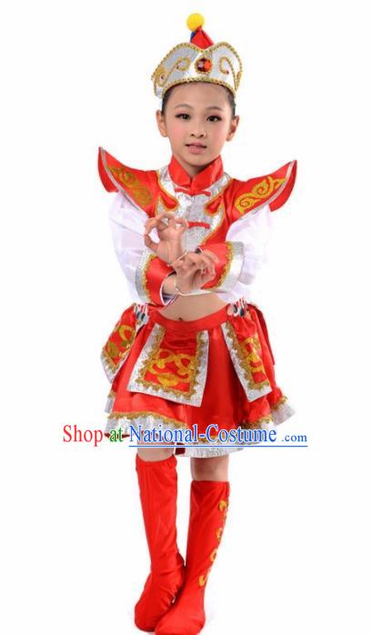 Chinese Mongol Nationality Ethnic Red Costume Traditional Minority Folk Dance Stage Performance Clothing for Kids