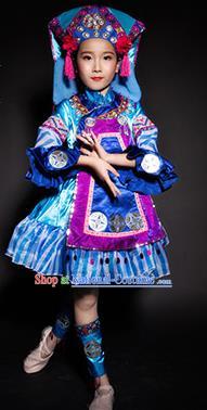 Chinese Bouyei Nationality Stage Performance Costume Traditional Ethnic Minority Blue Clothing for Kids