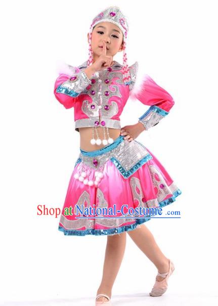 Chinese Mongol Nationality Ethnic Pink Costume Traditional Minority Folk Dance Stage Performance Clothing for Kids