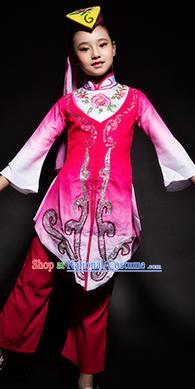 Chinese Hui Nationality Stage Performance Costume Traditional Ethnic Minority Rosy Clothing for Kids