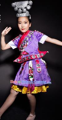 Chinese Miao Nationality Ethnic Stage Performance Purple Costume Traditional Minority Folk Dance Clothing for Kids