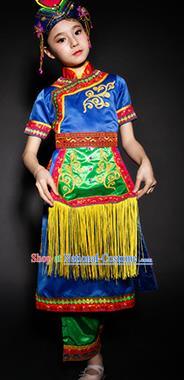 Chinese Xibo Nationality Ethnic Stage Performance Costume Traditional Minority Folk Dance Clothing for Kids