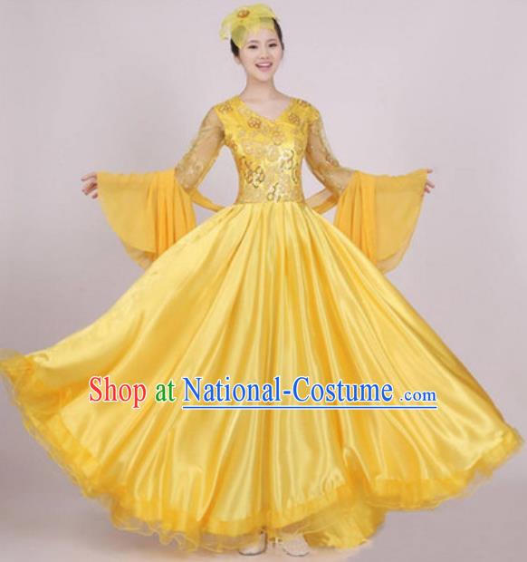 Top Grade Stage Performance Yellow Dress Compere Modern Dance Fancywork Modern Costume for Women