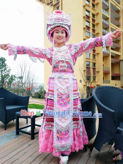 Traditional Chinese Minority Ethnic Folk Dance Pink Dress Miao Nationality Stage Performance Costume and Hat for Women