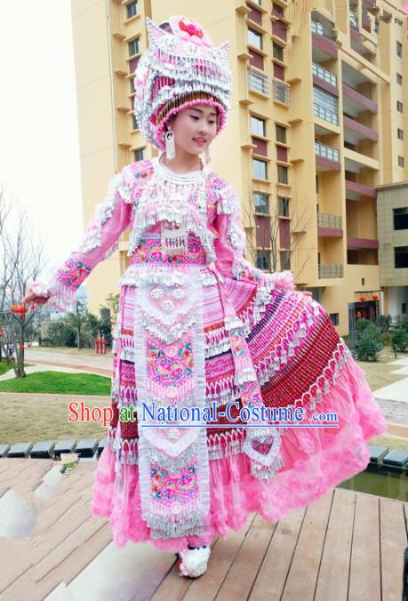 Traditional Chinese Minority Ethnic Folk Dance Pink Dress Miao Nationality Stage Performance Costume and Hat for Women