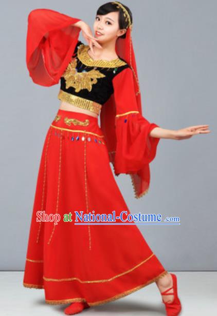 Chinese Uyghur Nationality Ethnic Costume Traditional Minority Folk Dance Stage Performance Red Dress for Women