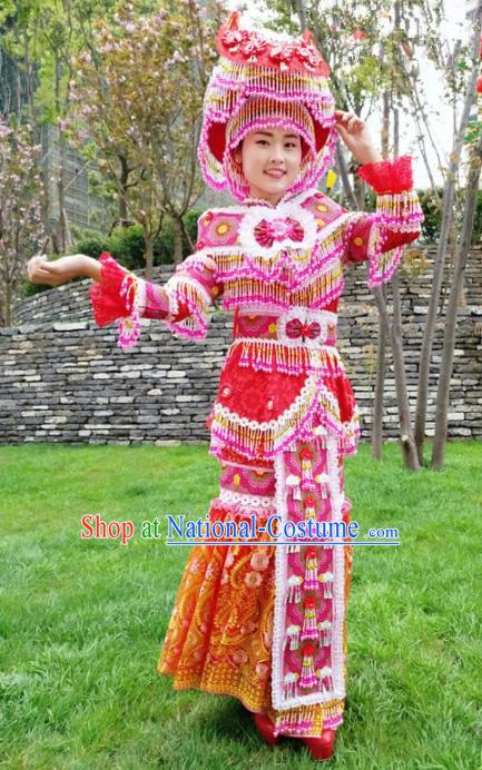 Traditional Chinese Minority Ethnic Bride Folk Dance Red Dress Miao Nationality Stage Performance Costume and Hat for Women