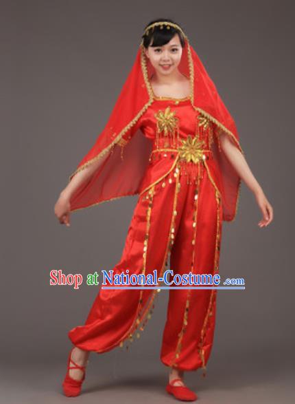 Chinese Uyghur Nationality Ethnic Red Costume Traditional Minority Folk Dance Stage Performance Clothing for Women