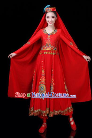 Traditional Chinese Minority Ethnic Dance Red Dress Uyghur Nationality Stage Performance Costume for Women