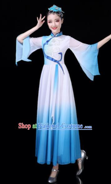 Traditional Chinese Classical Dance Blue Dress Umbrella Dance Stage Performance Costume for Women