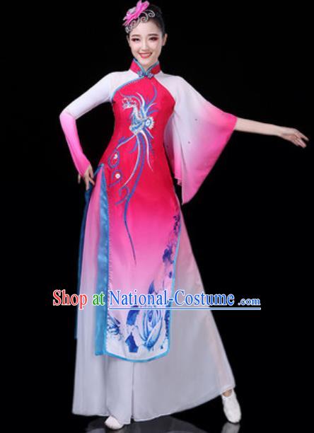 Traditional Chinese Classical Dance Rosy Dress Umbrella Dance Stage Performance Costume for Women