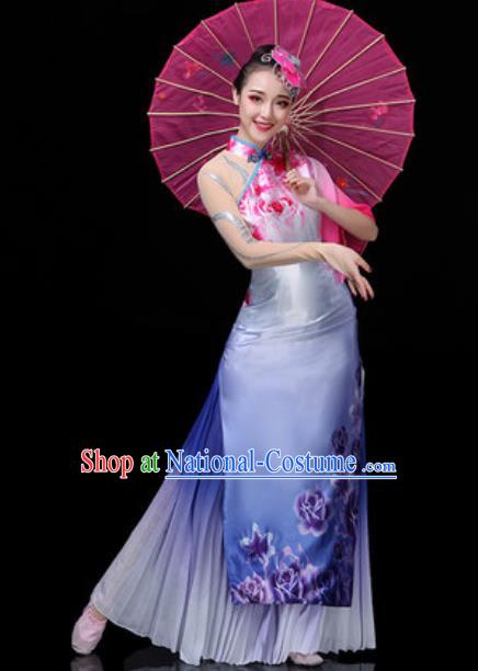 Traditional Chinese Classical Dance Light Blue Dress Umbrella Dance Stage Performance Costume for Women