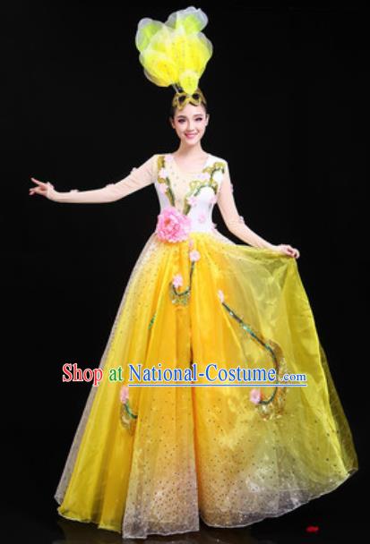 Traditional Chinese Spring Festival Gala Opening Dance Yellow Dress Modern Dance Stage Performance Costume for Women