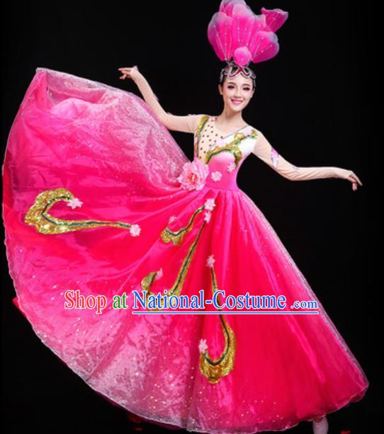 Traditional Chinese Spring Festival Gala Opening Dance Rosy Dress Modern Dance Stage Performance Costume for Women