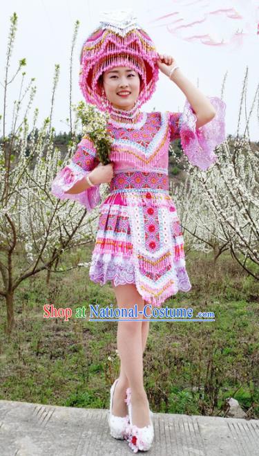 Traditional Chinese Minority Ethnic Folk Dance Pink Short Dress Miao Nationality Stage Performance Costume and Hat for Women