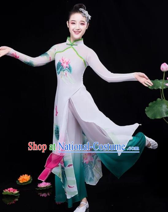 Chinese Traditional Classical Dance Lotus Dance Green Dress Umbrella Dance Stage Performance Costume for Women