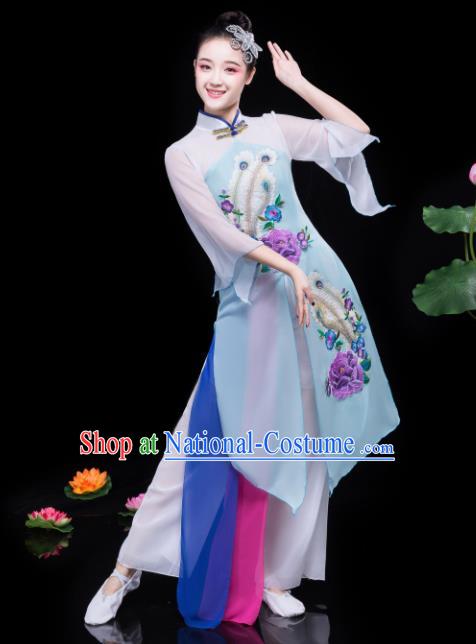 Chinese Traditional Classical Dance Lotus Dance Blue Dress Umbrella Dance Stage Performance Costume for Women