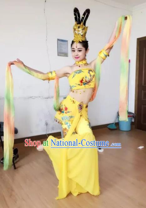 Chinese Traditional Classical Dance Yellow Dress Dunhuang Flying Apsaras Stage Performance Costume for Women