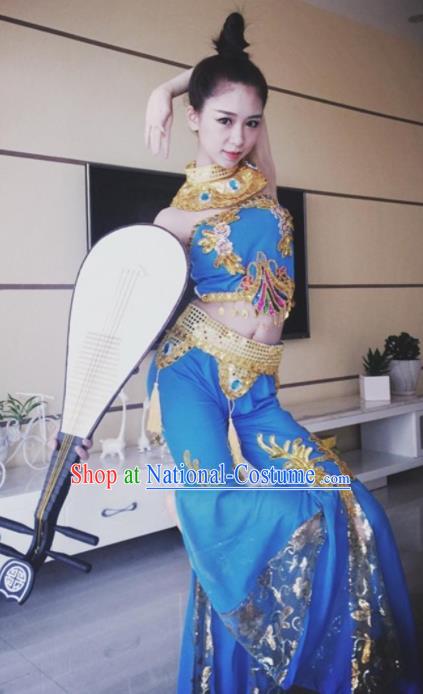 Chinese Traditional Classical Dance Blue Dress Dunhuang Flying Apsaras Stage Performance Costume for Women