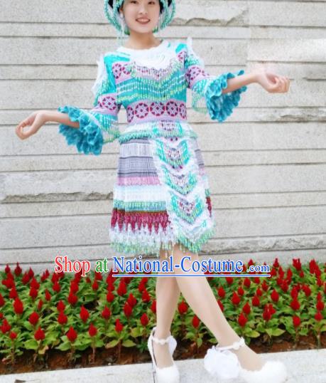 Chinese Traditional Miao Nationality Ethnic Embroidered Costume Minority Folk Dance Blue Short Dress for Women