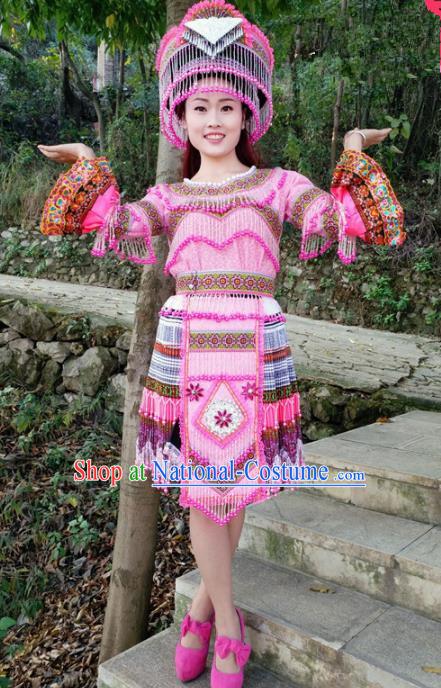 Chinese Traditional Miao Nationality Ethnic Embroidered Costume Minority Folk Dance Rosy Short Dress for Women