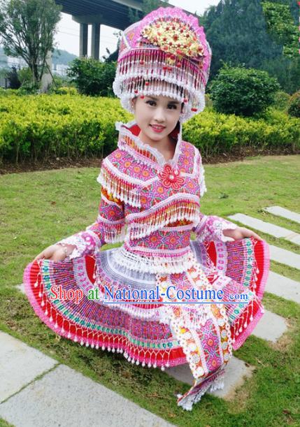 Chinese Traditional Miao Nationality Rosy Short Dress Minority Ethnic Folk Dance Embroidered Costume for Women