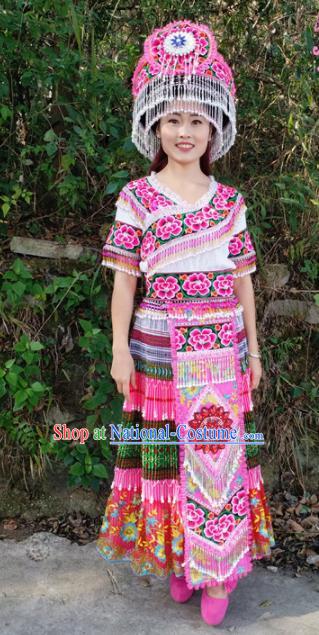 Chinese Traditional Miao Nationality Pink Dress Minority Ethnic Folk Dance Embroidered Costume for Women