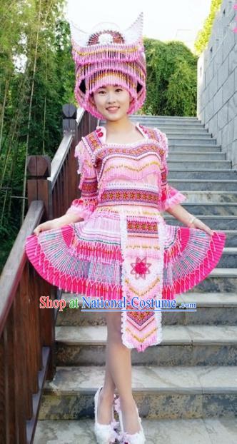 Chinese Traditional Miao Nationality Pink Short Dress Minority Ethnic Folk Dance Embroidered Costume for Women