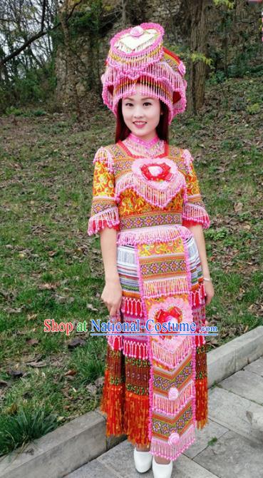 Chinese Traditional Miao Nationality Bride Red Dress Minority Ethnic Folk Dance Costume for Women