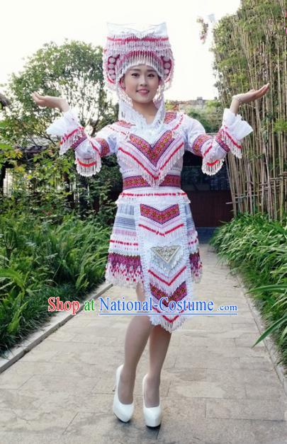 Traditional Chinese Miao Nationality Short Dress and Hat Minority Ethnic Folk Dance Costume for Women