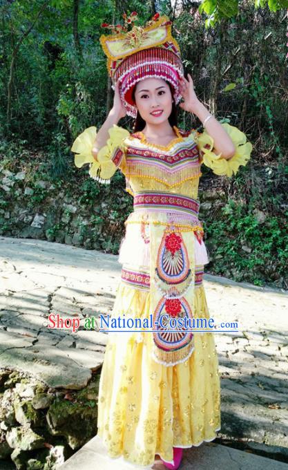 Chinese Traditional Miao Nationality Yellow Dress Minority Ethnic Folk Dance Costume for Women