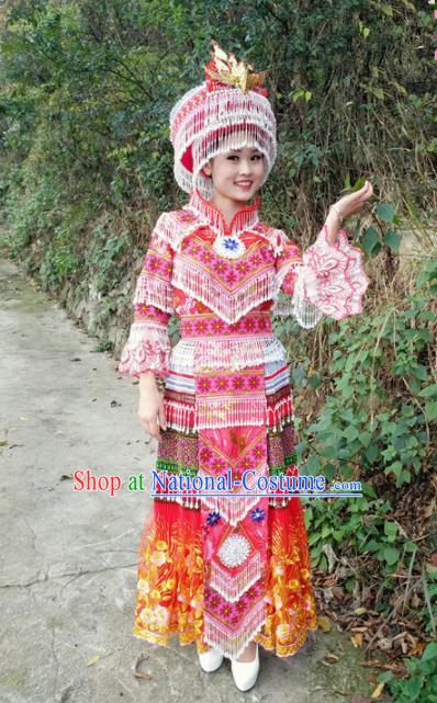 Traditional Chinese Miao Nationality Red Dress and Hat Minority Ethnic Folk Dance Costume for Women