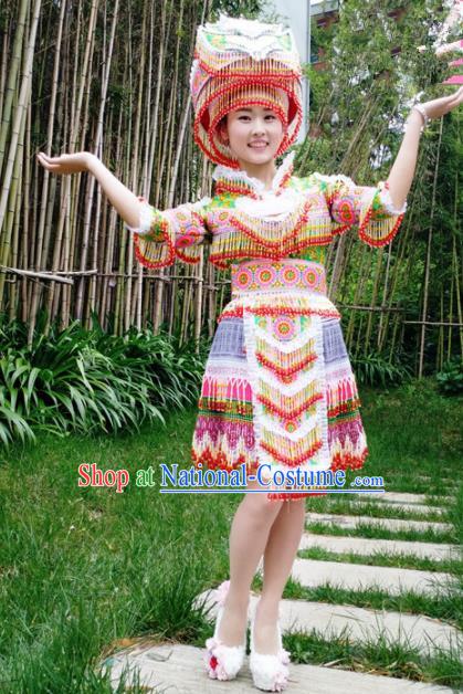 Traditional Chinese Miao Nationality Short Pleated Dress Minority Ethnic Folk Dance Costume and Hat for Women