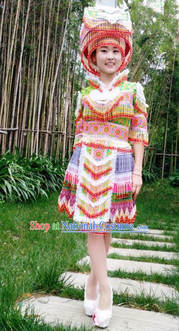 Traditional Chinese Miao Nationality Short Pleated Dress Minority Ethnic Folk Dance Costume and Hat for Women