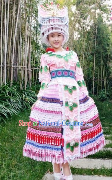 Traditional Chinese Miao Nationality Pink Pleated Dress Minority Ethnic Folk Dance Costume and Hat for Women