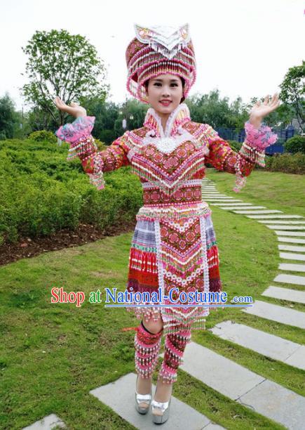 Traditional Chinese Miao Nationality Red Short Pleated Dress Minority Ethnic Folk Dance Costume and Hat for Women