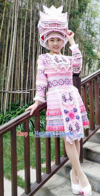 Traditional Chinese Miao Nationality Pink Short Pleated Dress Minority Ethnic Folk Dance Costume for Women