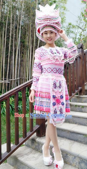 Traditional Chinese Miao Nationality Pink Short Pleated Dress Minority Ethnic Folk Dance Costume for Women