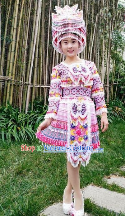 Chinese Traditional Miao Nationality Light Purple Short Dress Minority Ethnic Folk Dance Costume for Women