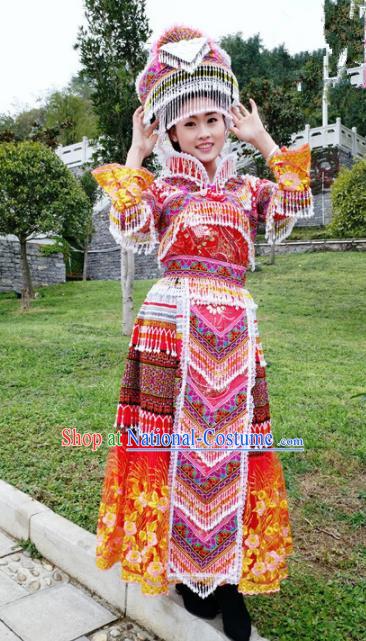 Traditional Chinese Miao Nationality Folk Dance Embroidered Red Dress Minority Ethnic Wedding Stage Performance Costume for Women