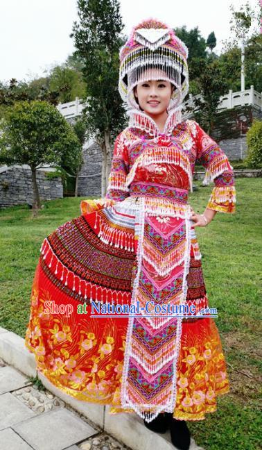 Traditional Chinese Miao Nationality Folk Dance Embroidered Red Dress Minority Ethnic Wedding Stage Performance Costume for Women