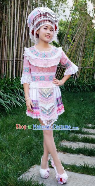 Traditional Chinese Miao Nationality Pink Short Dress Minority Ethnic Folk Dance Stage Performance Costume for Women