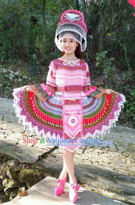 Chinese Traditional Miao Nationality Pink Short Dress Minority Ethnic Folk Dance Costume for Women