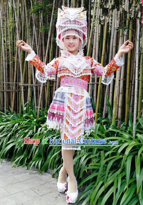 Traditional Chinese Miao Nationality Bride Red Short Dress Minority Ethnic Folk Dance Costume for Women