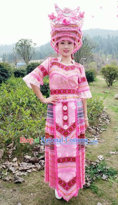 Traditional Chinese Miao Nationality Stage Performance Costume Minority Ethnic Folk Dance Pink Dress and Hat for Women