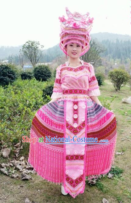 Traditional Chinese Miao Nationality Stage Performance Costume Minority Ethnic Folk Dance Pink Dress and Hat for Women